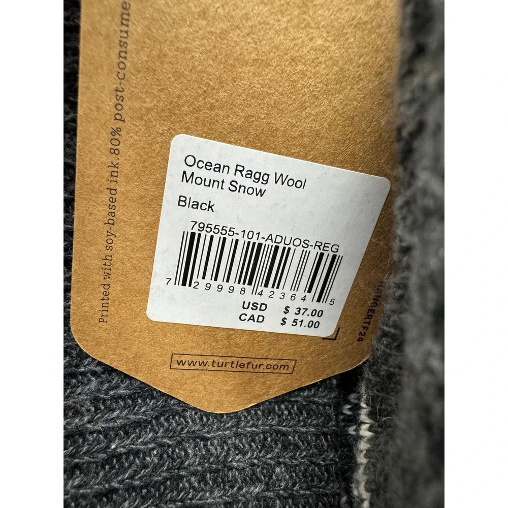 Turtle Fur Mount Snow Beanie Recycled Ocean Ragg Wool Knit Hat Black Grey NWT‎